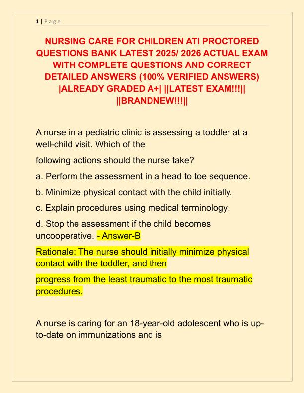 NURSING CARE FOR CHILDREN ATI PROCTORED QUESTIONS BANK LATEST 2025