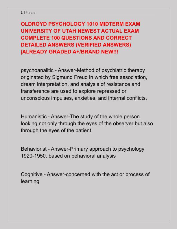 OLDROYD PSYCHOLOGY 1010 MIDTERM EXAM UNIVERSITY OF UTAH NEWEST ACTUAL EXAM COMPLETE 100 QUESTIONS AND CORRECT DETAILED ANSWERS