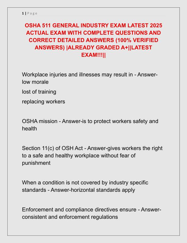 OSHA 511 GENERAL INDUSTRY EXAM LATEST 2025 ACTUAL EXAM WITH COMPLETE QUESTIONS AND CORRECT DETAILED ANSWERS