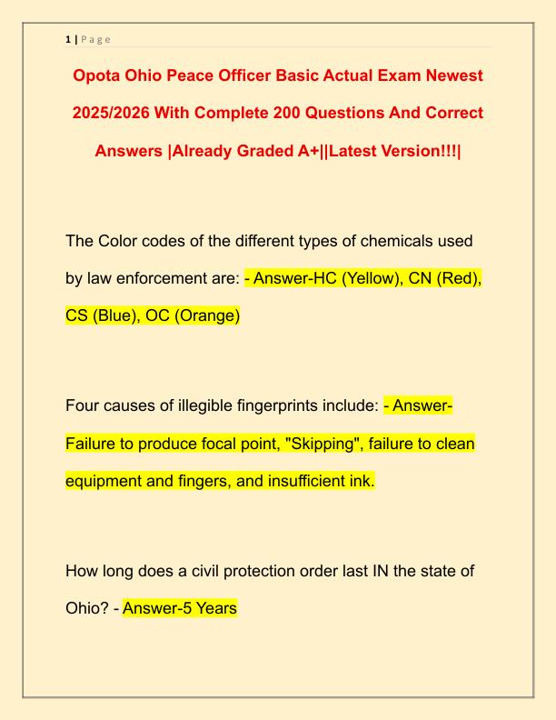 Opota Ohio Peace Officer Basic Actual Exam Newest 2025