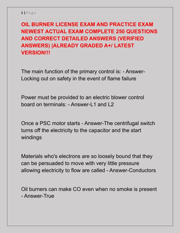 OIL BURNER LICENSE EXAM AND PRACTICE EXAM NEWEST ACTUAL EXAM COMPLETE 250 QUESTIONS AND CORRECT DETAILED ANSWERS
