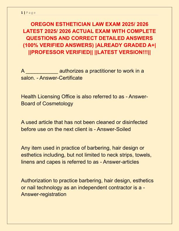 OREGON ESTHETICIAN LAW EXAM 2025