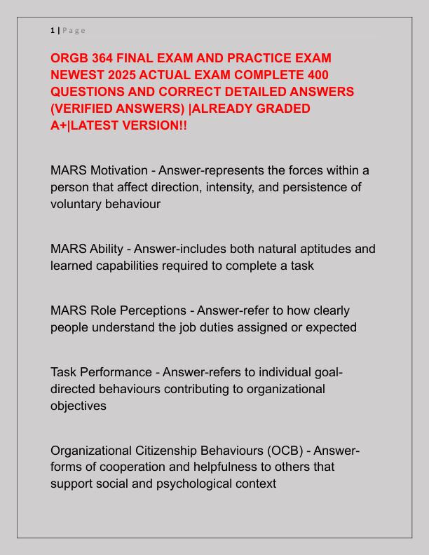 ORGB 364 FINAL EXAM AND PRACTICE EXAM NEWEST 2025 ACTUAL EXAM COMPLETE 400 QUESTIONS AND CORRECT DETAILED ANSWERS