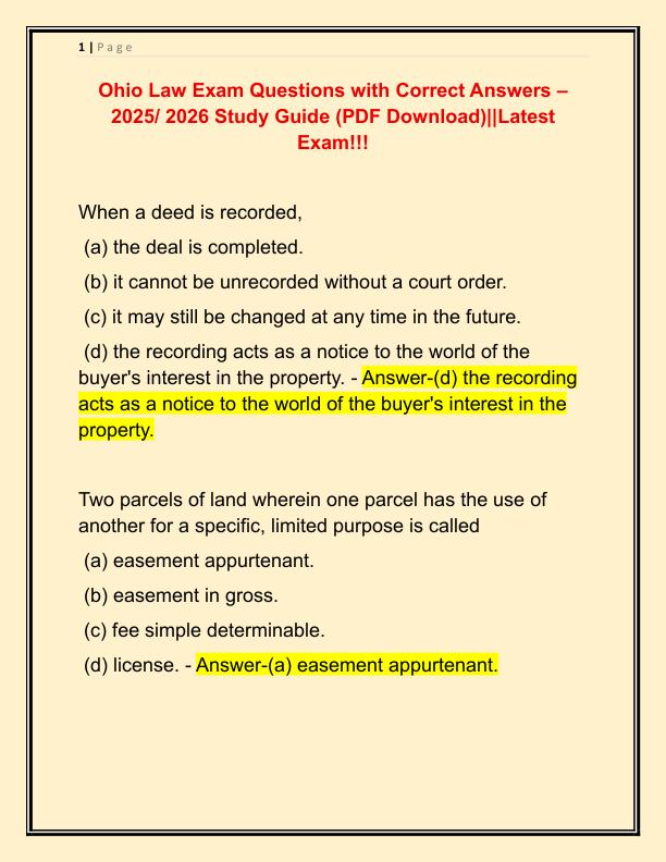Ohio Law Exam Questions with Correct Answers