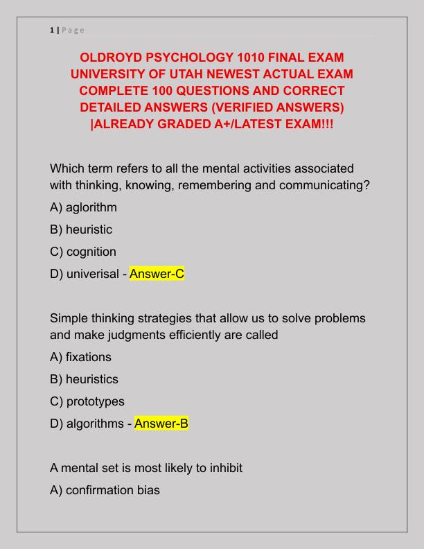 OLDROYD PSYCHOLOGY 1010 FINAL EXAM UNIVERSITY OF UTAH NEWEST ACTUAL EXAM COMPLETE 100 QUESTIONS AND CORRECT DETAILED ANSWERS