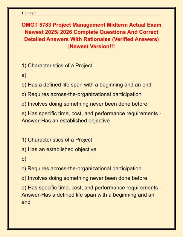 OMGT 5783 Project Management Midterm Actual Exam Newest 2021