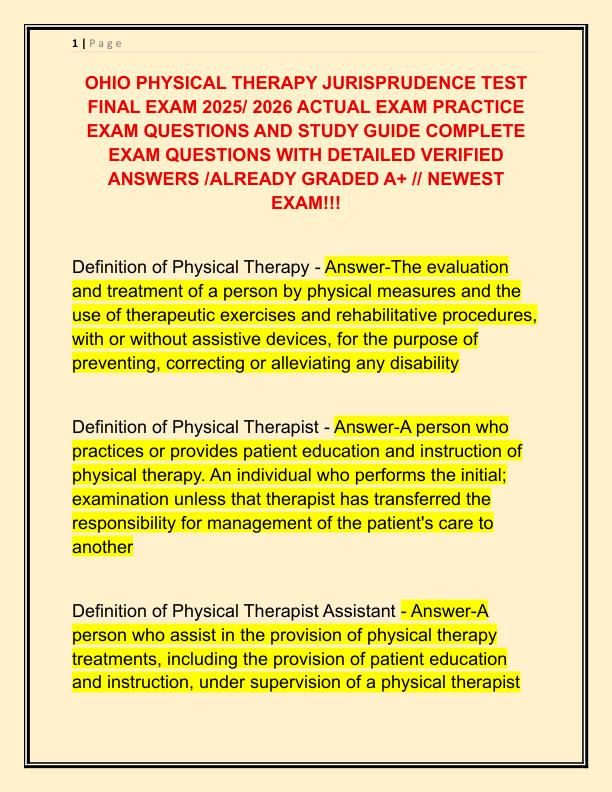 OHIO PHYSICAL THERAPY JURISPRUDENCE TEST FINAL EXAM 2025