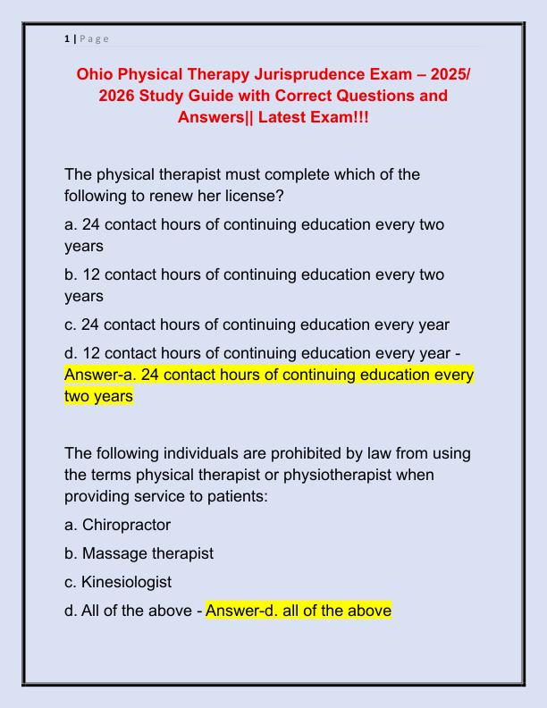 Ohio Physical Therapy Jurisprudence Exam