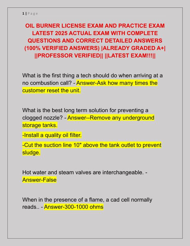 OIL BURNER LICENSE EXAM AND PRACTICE EXAM LATEST 2025 ACTUAL EXAM WITH COMPLETE QUESTIONS AND CORRECT DETAILED ANSWERS