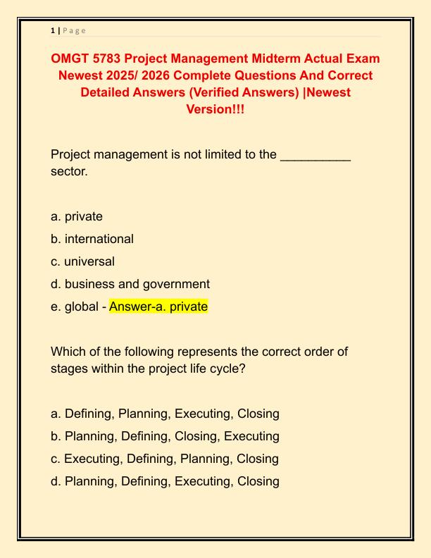 OMGT 5783 Project Management Midterm Actual Exam Newest 2025