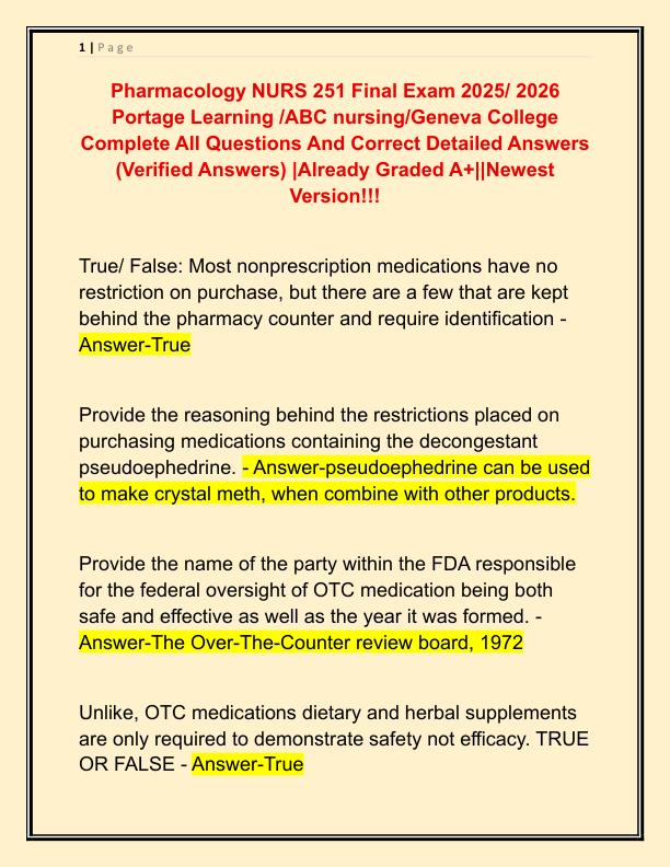 Pharmacology NURS 251 Final Exam 2025