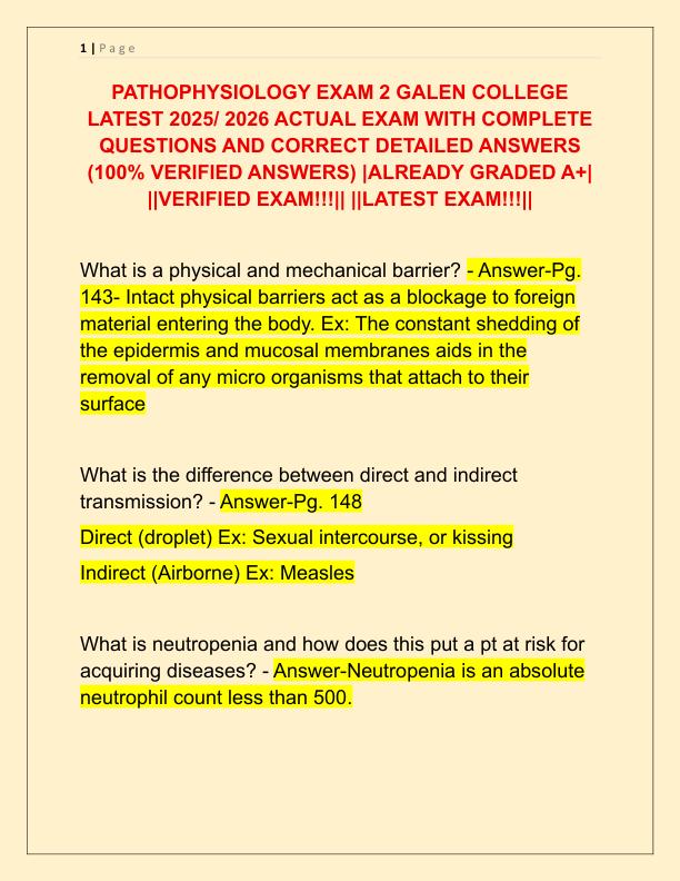 PATHOPHYSIOLOGY EXAM 2 GALEN COLLEGE LATEST 2025