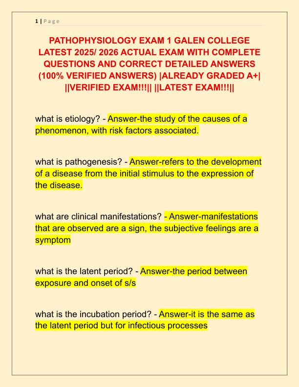 PATHOPHYSIOLOGY EXAM 1 GALEN COLLEGE LATEST 2025