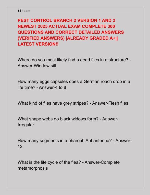 PEST CONTROL BRANCH 2 VERSION 1 AND 2 NEWEST 2025 ACTUAL EXAM COMPLETE 300 QUESTIONS AND CORRECT DETAILED ANSWERS
