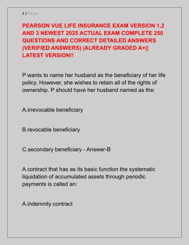 PEARSON VUE LIFE INSURANCE EXAM VERSION 1