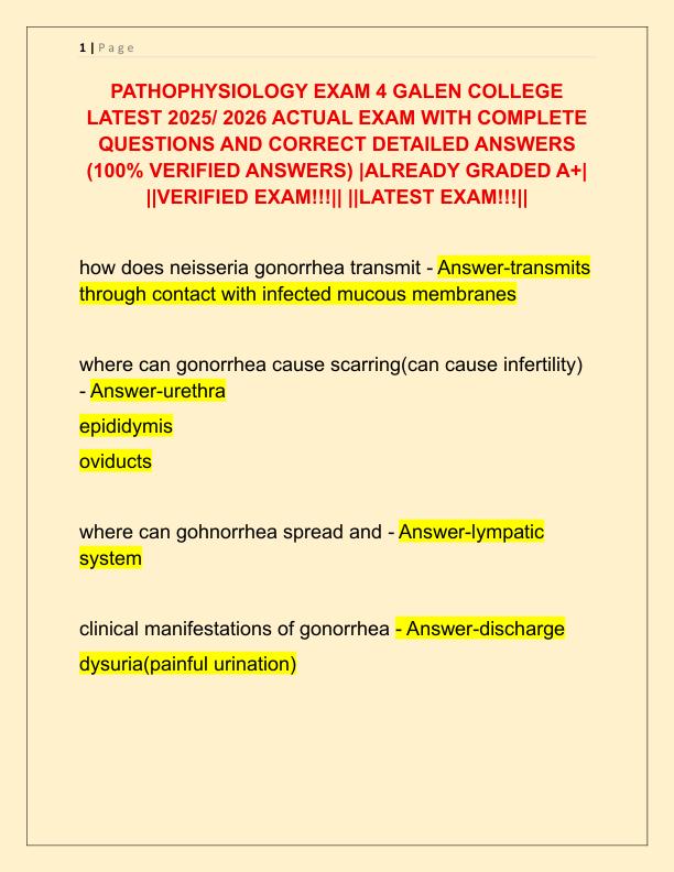 PATHOPHYSIOLOGY EXAM 4 GALEN COLLEGE LATEST 2025