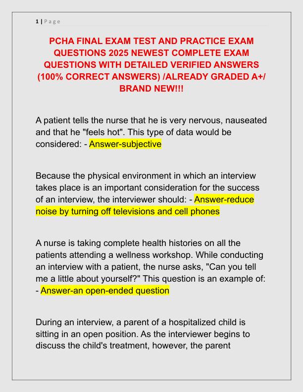 PCHA FINAL EXAM TEST AND PRACTICE EXAM QUESTIONS 2025 NEWEST COMPLETE EXAM QUESTIONS WITH DETAILED VERIFIED ANSWERS