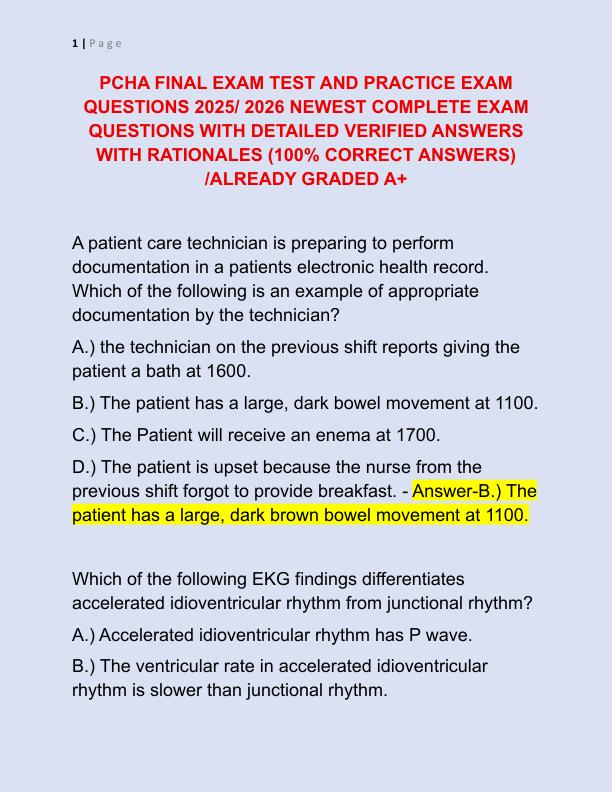 PCHA FINAL EXAM TEST AND PRACTICE EXAM QUESTIONS 2025