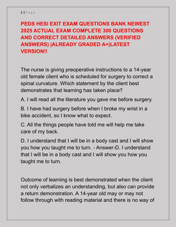 PEDS HESI EXIT EXAM QUESTIONS BANK NEWEST 2025 ACTUAL EXAM COMPLETE 300 QUESTIONS AND CORRECT DETAILED ANSWERS