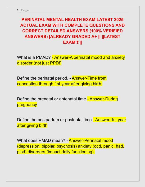 PERINATAL MENTAL HEALTH EXAM LATEST 2025 ACTUAL EXAM WITH COMPLETE QUESTIONS AND CORRECT DETAILED ANSWERS