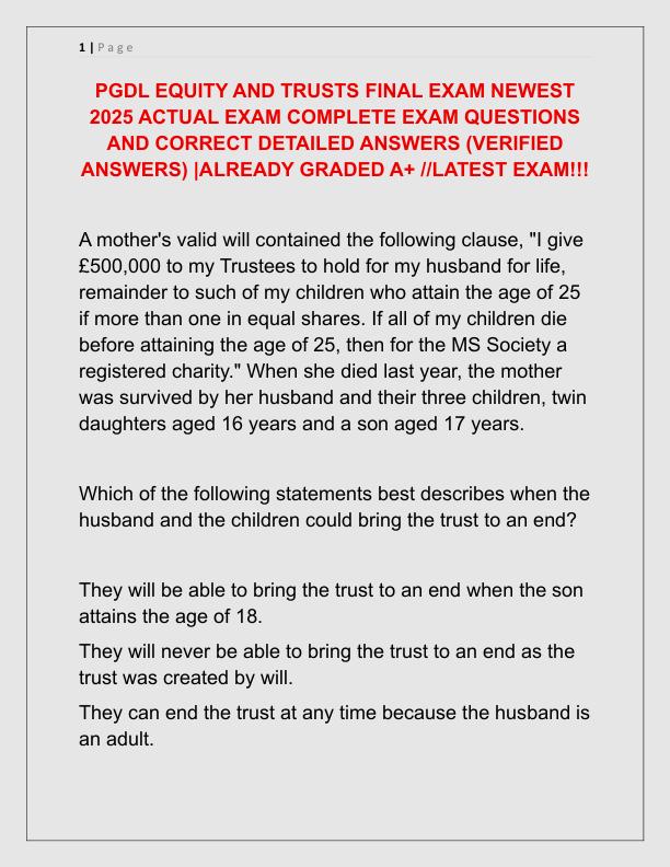 PGDL EQUITY AND TRUSTS FINAL EXAM NEWEST 2025 ACTUAL EXAM COMPLETE EXAM QUESTIONS AND CORRECT DETAILED ANSWERS