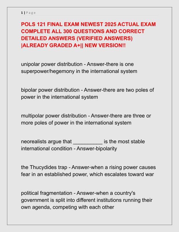 POLS 121 FINAL EXAM NEWEST 2025 ACTUAL EXAM COMPLETE ALL 300 QUESTIONS AND CORRECT DETAILED ANSWERS