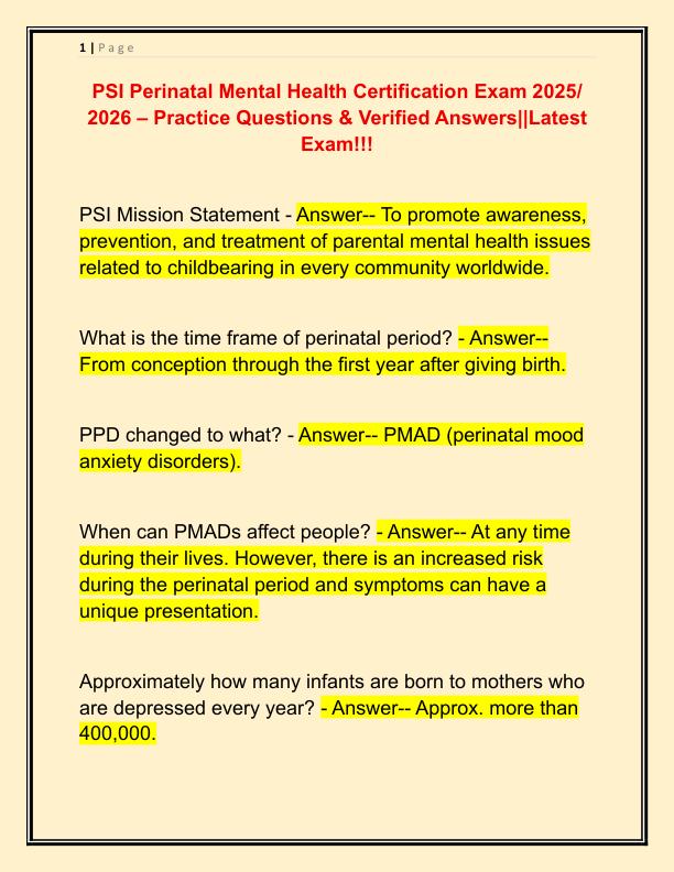 PSI Perinatal Mental Health Certification Exam 2025