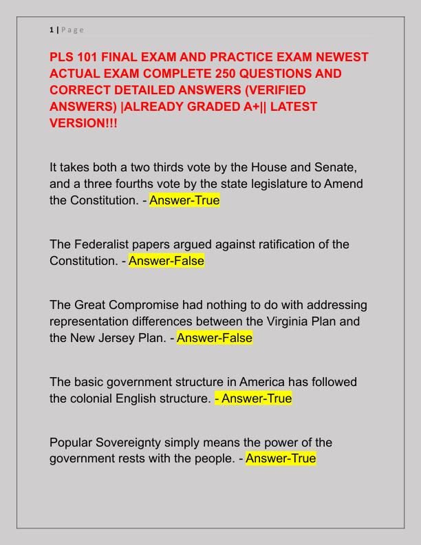PLS 101 FINAL EXAM AND PRACTICE EXAM NEWEST ACTUAL EXAM COMPLETE 250 QUESTIONS AND CORRECT DETAILED ANSWERS