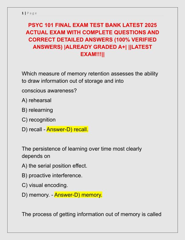PSYC 101 FINAL EXAM TEST BANK LATEST 2025 ACTUAL EXAM WITH COMPLETE QUESTIONS AND CORRECT DETAILED ANSWERS