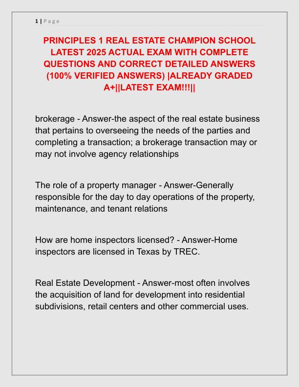 PRINCIPLES 1 REAL ESTATE CHAMPION SCHOOL LATEST 2025 ACTUAL EXAM WITH COMPLETE QUESTIONS AND CORRECT DETAILED ANSWERS
