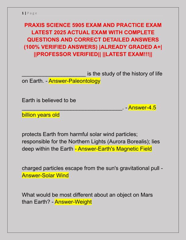 PRAXIS SCIENCE 5905 EXAM AND PRACTICE EXAM LATEST 2025 ACTUAL EXAM WITH COMPLETE QUESTIONS AND CORRECT DETAILED ANSWERS