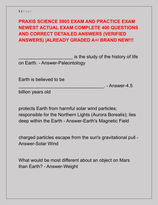 PRAXIS SCIENCE 5905 EXAM AND PRACTICE EXAM NEWEST ACTUAL EXAM COMPLETE 400 QUESTIONS AND CORRECT DETAILED ANSWERS