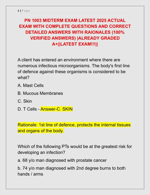 PN 1003 MIDTERM EXAM LATEST 2025 ACTUAL EXAM WITH COMPLETE QUESTIONS AND CORRECT DETAILED ANSWERS WITH RAIONALES