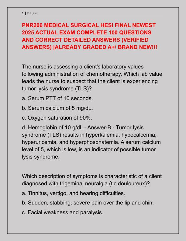 PNR206 MEDICAL SURGICAL HESI FINAL NEWEST 2025 ACTUAL EXAM COMPLETE 100 QUESTIONS AND CORRECT DETAILED ANSWERS