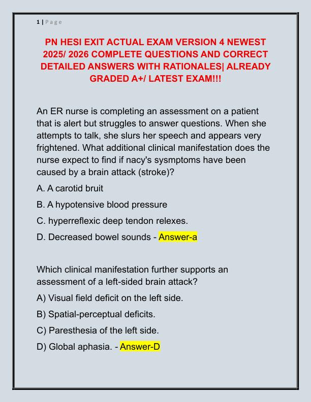 PN HESI EXIT ACTUAL EXAM VERSION 4 NEWEST 2025