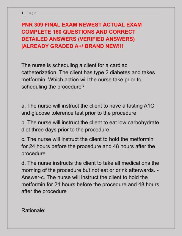 PNR 309 FINAL EXAM NEWEST ACTUAL EXAM COMPLETE 160 QUESTIONS AND CORRECT DETAILED ANSWERS