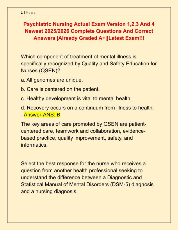 Psychiatric Nursing Actual Exam Version 1