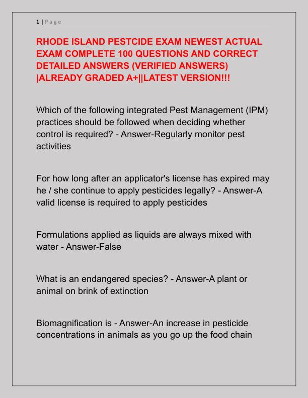 RHODE ISLAND PESTCIDE EXAM NEWEST ACTUAL EXAM COMPLETE 100 QUESTIONS AND CORRECT DETAILED ANSWERS