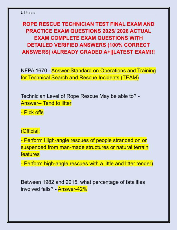 ROPE RESCUE TECHNICIAN TEST FINAL EXAM AND PRACTICE EXAM QUESTIONS 2025