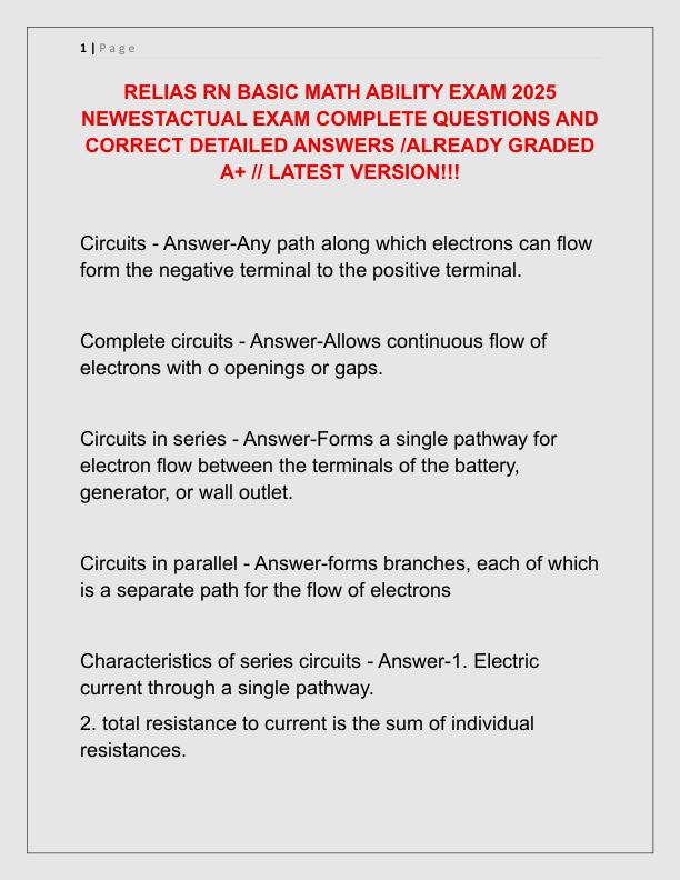 RELIAS RN BASIC MATH ABILITY EXAM 2025 NEWESTACTUAL EXAM COMPLETE QUESTIONS AND CORRECT DETAILED ANSWERS