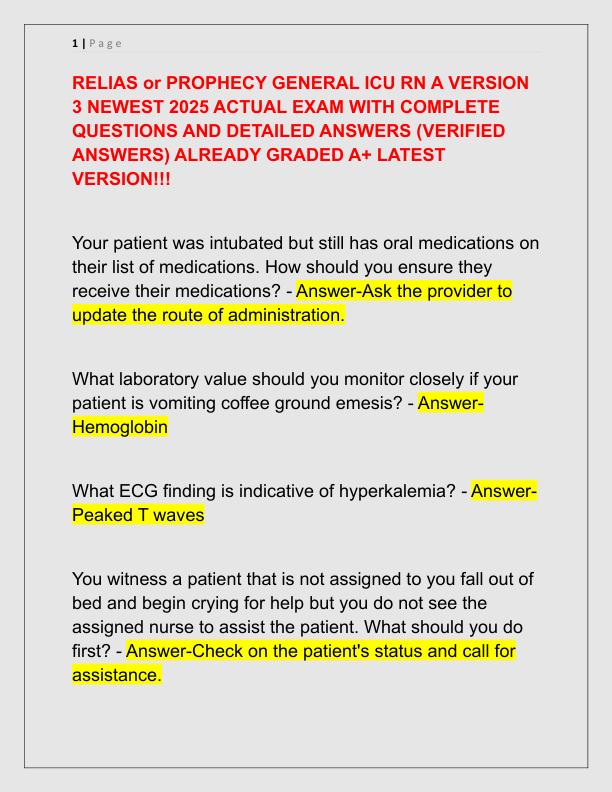 RELIAS or PROPHECY GENERAL ICU RN A VERSION 3 NEWEST 2025 ACTUAL EXAM WITH COMPLETE QUESTIONS AND DETAILED ANSWERS