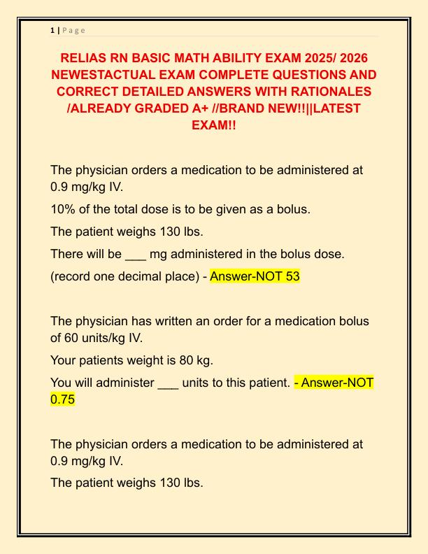 RELIAS RN BASIC MATH ABILITY EXAM 2025