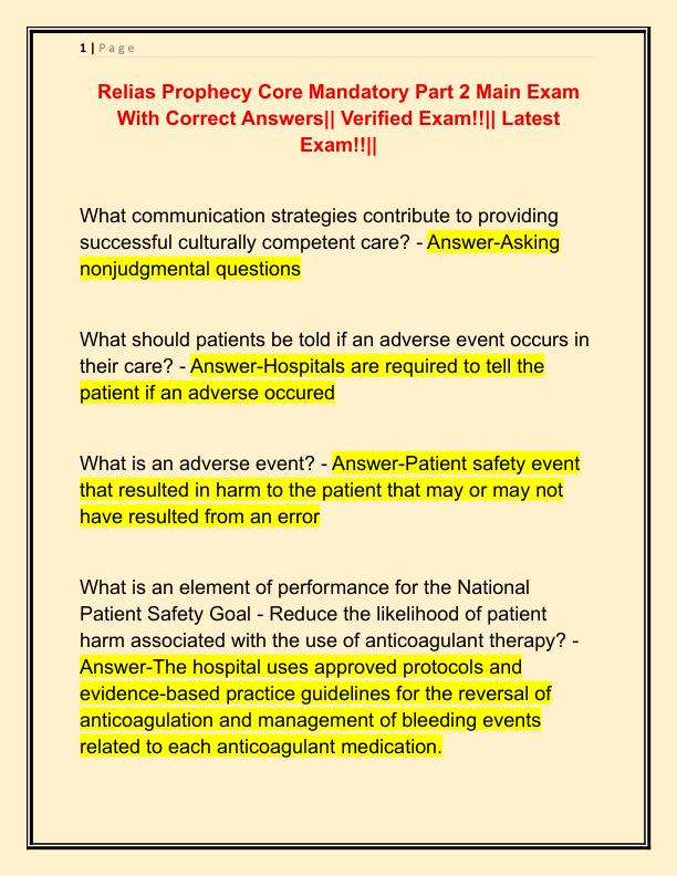 Relias Prophecy Core Mandatory Part 2 Main Exam With Correct Answers