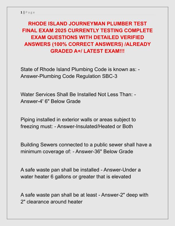 RHODE ISLAND JOURNEYMAN PLUMBER TEST FINAL EXAM 2025 CURRENTLY TESTING COMPLETE EXAM QUESTIONS WITH DETAILED VERIFIED ANSWERS