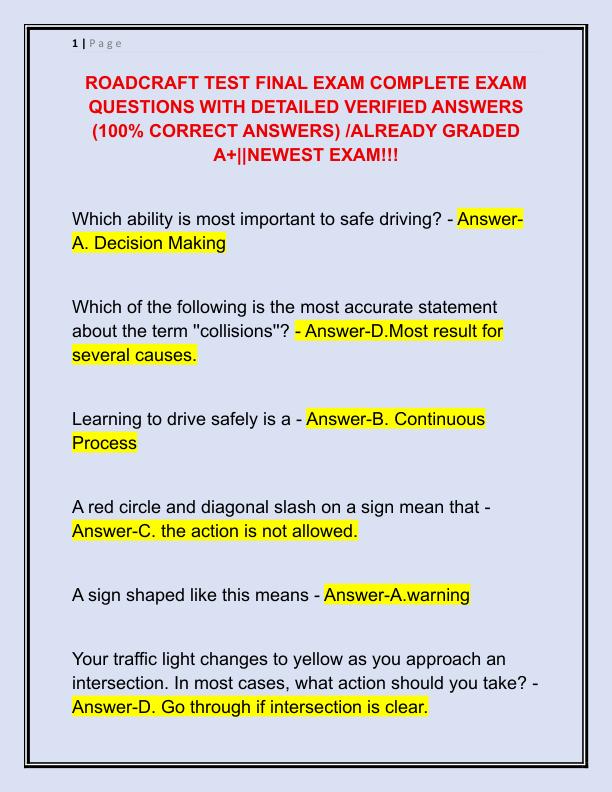 ROADCRAFT TEST FINAL EXAM COMPLETE EXAM QUESTIONS WITH DETAILED VERIFIED ANSWERS
