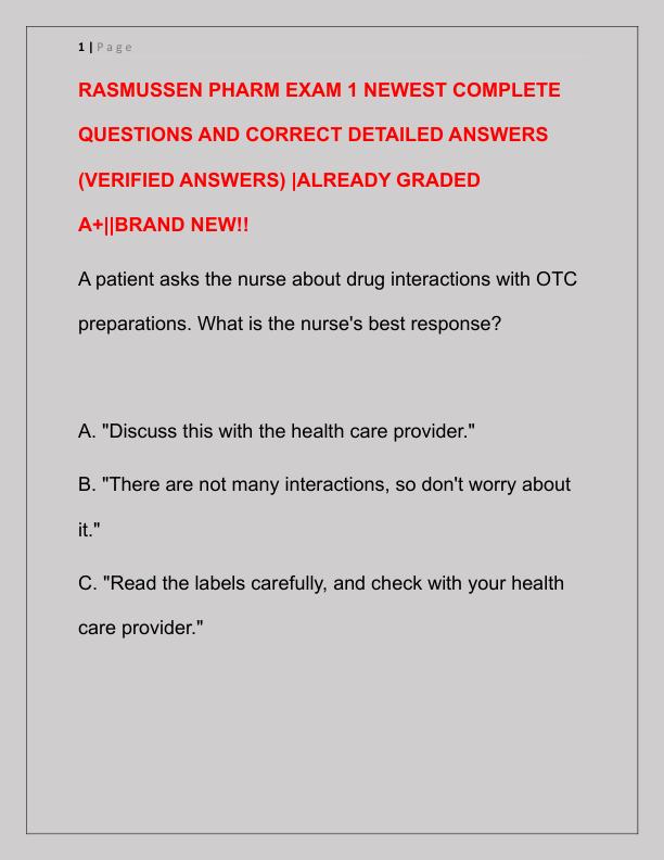 RASMUSSEN PHARM EXAM 1 NEWEST COMPLETE QUESTIONS AND CORRECT DETAILED ANSWERS