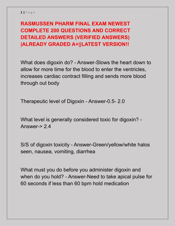 RASMUSSEN PHARM FINAL EXAM NEWEST COMPLETE 200 QUESTIONS AND CORRECT DETAILED ANSWERS