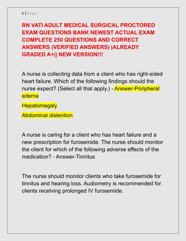 RN VATI ADULT MEDICAL SURGICAL PROCTORED EXAM QUESTIONS BANK NEWEST ACTUAL EXAM COMPLETE 250 QUESTIONS AND CORRECT ANSWERS