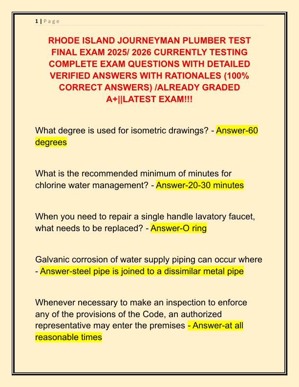 RHODE ISLAND JOURNEYMAN PLUMBER TEST FINAL EXAM 2025