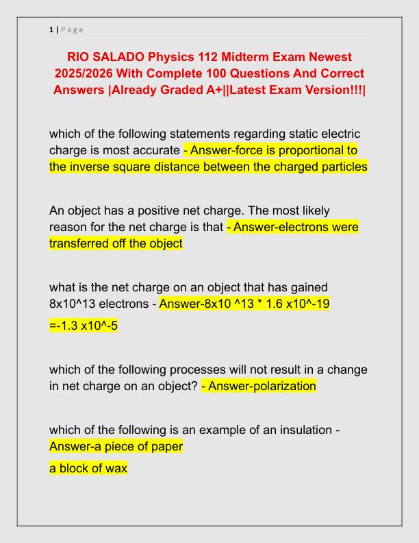 RIO SALADO Physics 112 Midterm Exam Newest 2025